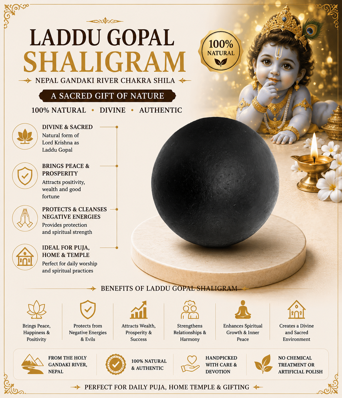 LADDU GOPAL SHALIGRAM by Gangtarang®: Shila | Divine Child Krishna - From Nepal Gandaki River (1 Inch) 2 laddu gopal shaligram infographics